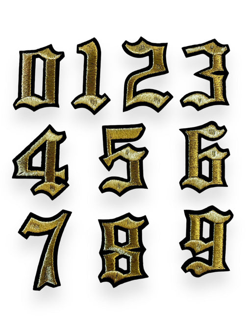 Metallic gold and black old english font iron on number patches
