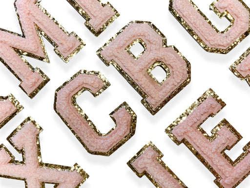 Light Pink Chenille Gold Trim 5cm Iron-On Patch Letters