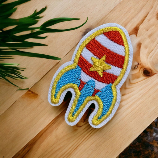 Red & Blue Space Rocket Embroidered Iron-On Patch