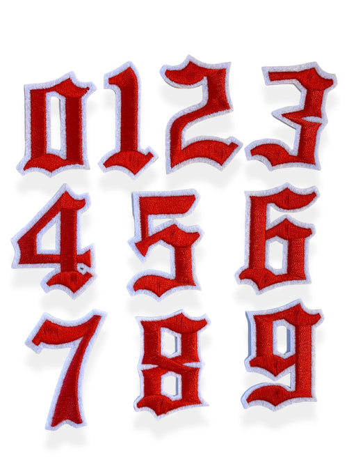 Red and white old english style font iron on patch numbers