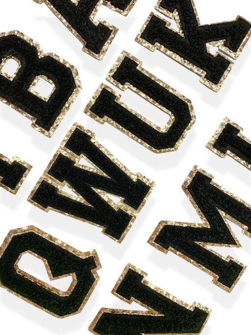 Black Chenille Gold Trim 5cm Iron-On Patch Letters