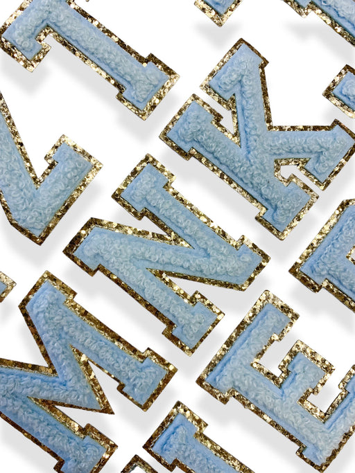 Blue Chenille Gold Trim 5cm Iron-On Patch Letters