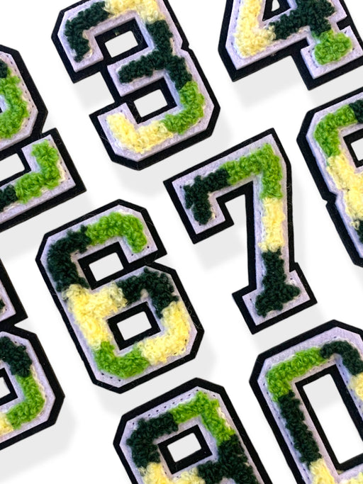 Camouflage chenille iron on patch numbers in a varsity style font at 5cm in height