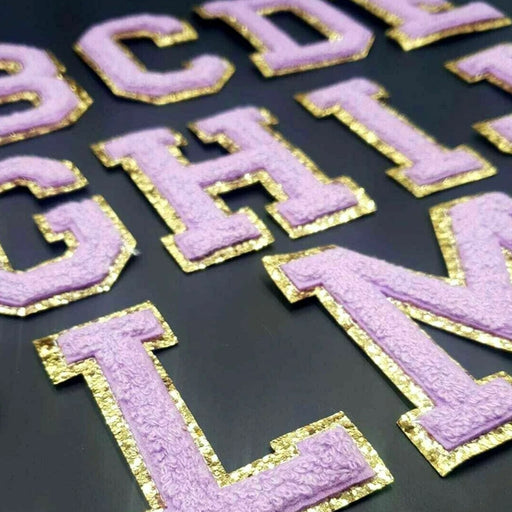 Purple Chenille Gold Trim 8cm Iron-On Patch Letters