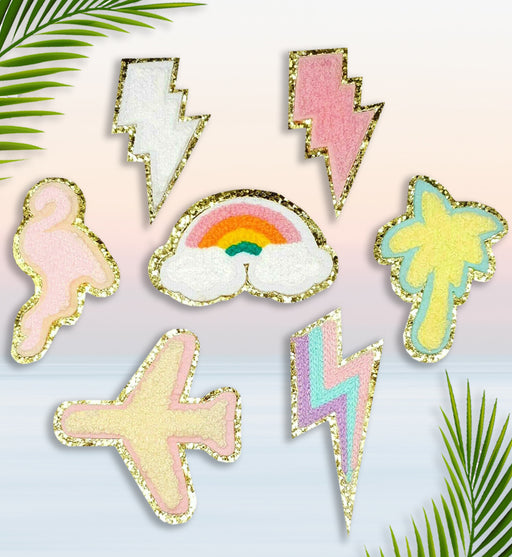 Plane Lightning Bolt Palm Tree Rainbow Chenille Iron on / Sew on Patch Patches
