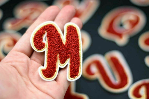 Red Chenille Gold Trim 7cm Iron On Patch Letter M
