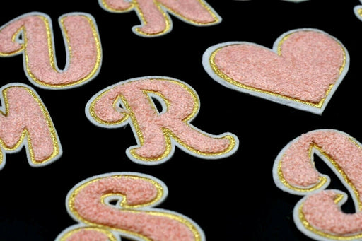 Pink Chenille Gold Trim 7cm Iron On Patch Letters