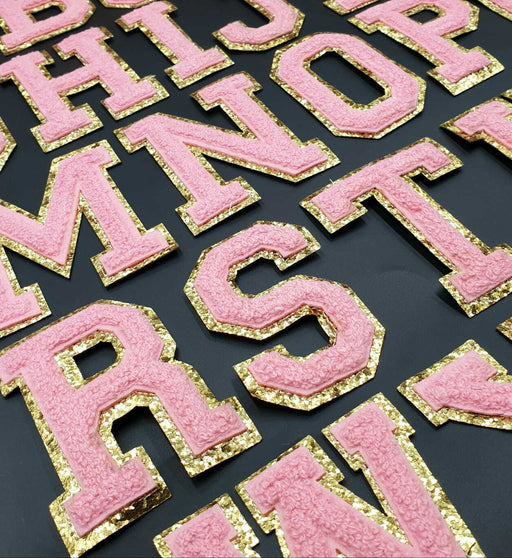 Pink Chenille Gold Trim 8cm Iron-On Patch Letters