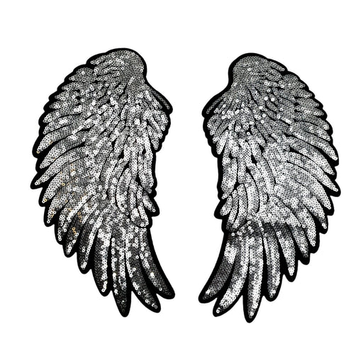 Large Silver 26cm Angel Wings Sequin Iron-On Patches