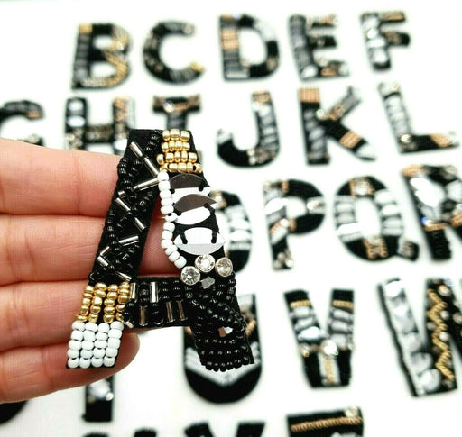 Black & Gold Beaded Rhinestone 5cm Sew On Patch Letter A