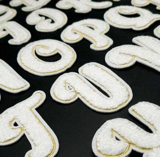 White Chenille Gold Trim 7cm Iron On Patch Letters