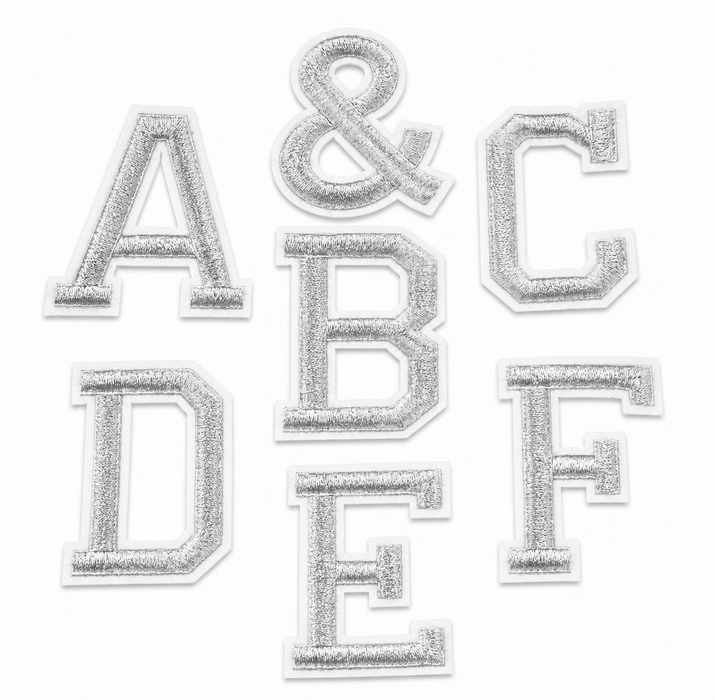 Silver Varsity Embroidered 9.8cm Iron-On Patch Letters & Numbers