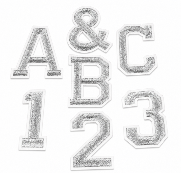 Silver Varsity Embroidered 9.8cm Iron-On Patch Letters & Numbers