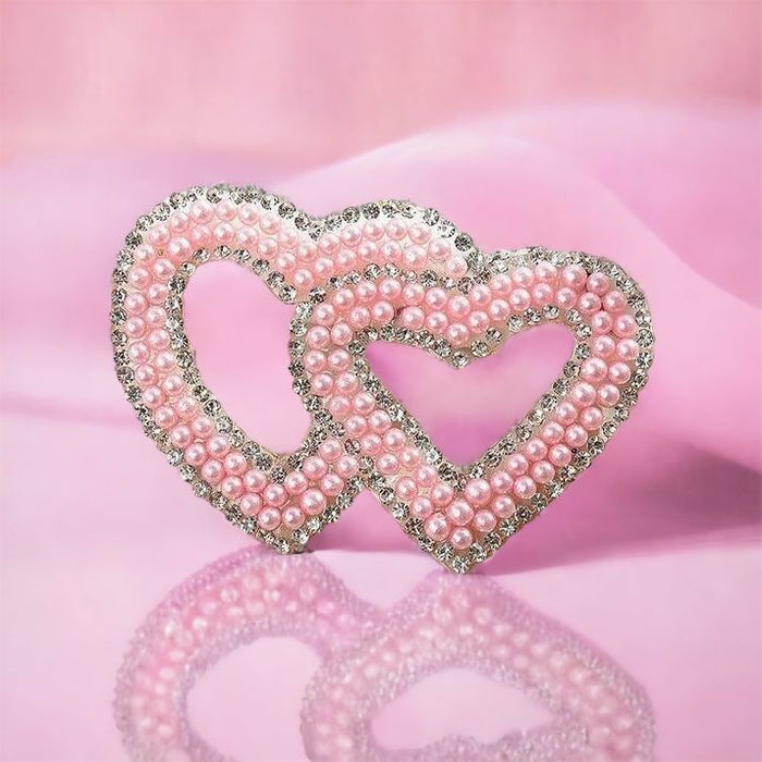Pearl Rhinestone Double Pink Heart 6.7cm Iron-On Patches — Patches