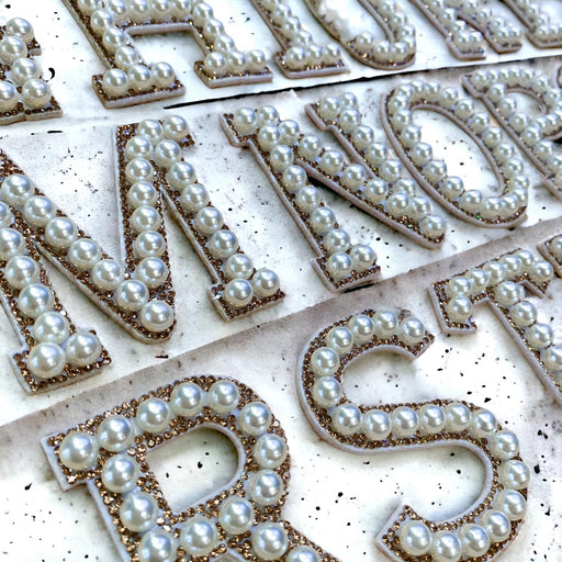 White Pearl Gold Rhinestone 6.7cm Iron On Patch Letters