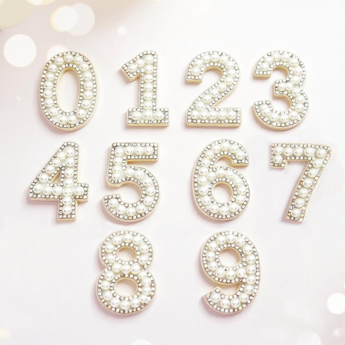 White Pearl AB Iridescent Rhinestone 4.6cm Iron On Patch Numbers