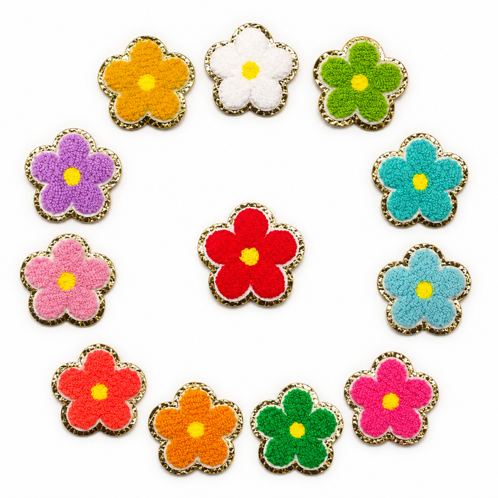 Multi Colour 6.2cm Flower Gold Trim Chenille Iron-On Patches