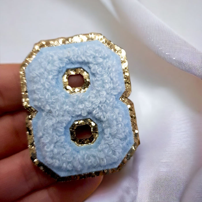 Blue Chenille Gold Trim 5cm Iron-On Patch Number 8