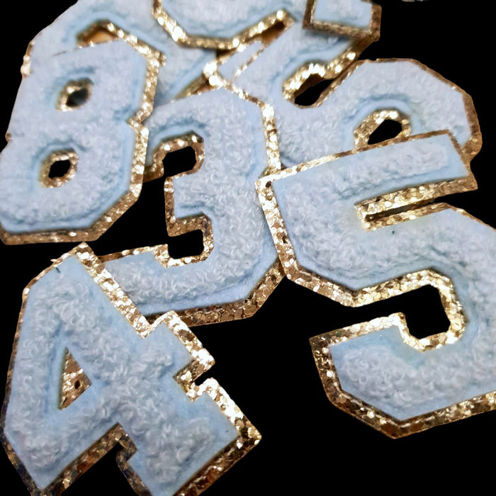 Blue Chenille Gold Trim 5cm Iron-On Patch Numbers
