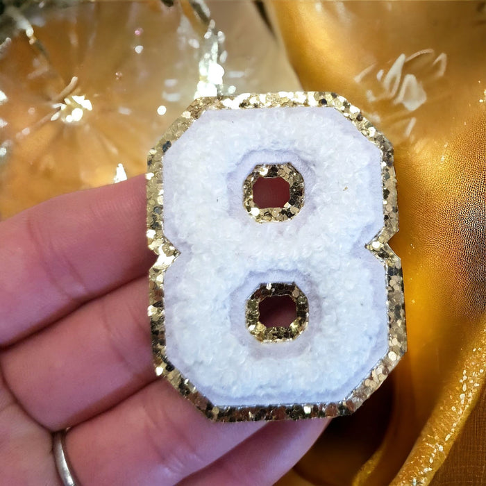 White Chenille Gold Trim 5cm Iron-On Patch Number 8