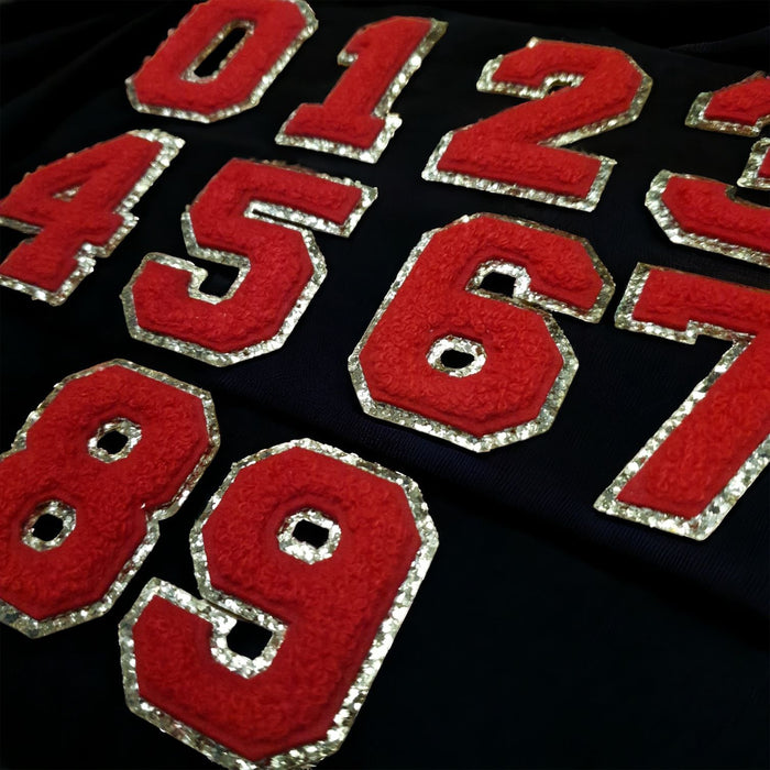 Red Chenille Chenille Gold Trim 5cm Iron-On Patch Numbers