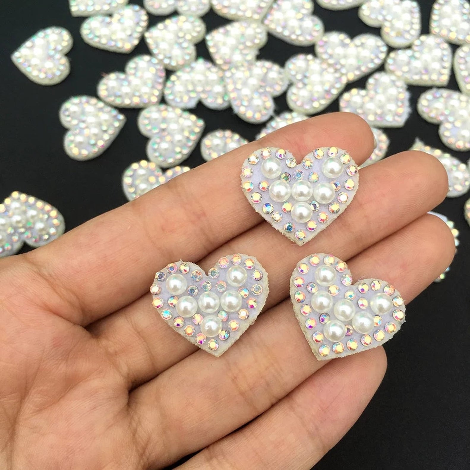 AB White Pearl Heart Rhinestone Iron On Patches — Patches 