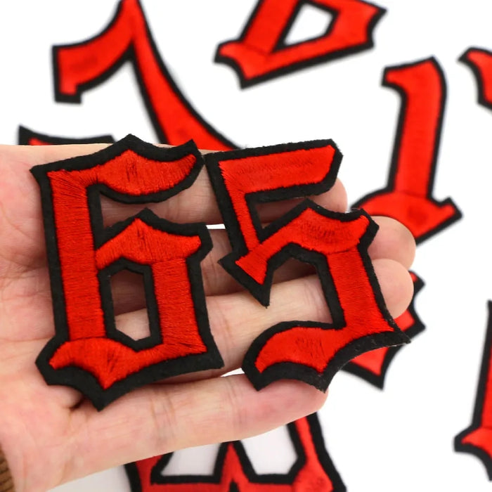 Red Old English Embroidered 5cm Iron On Patch Numbers