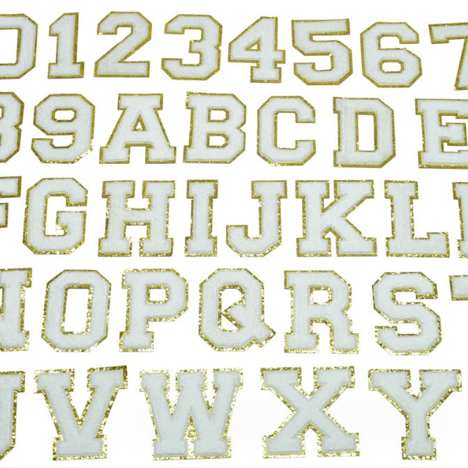 White & Gold Trim 11.4cm Chenille Iron-On Patch Letters
