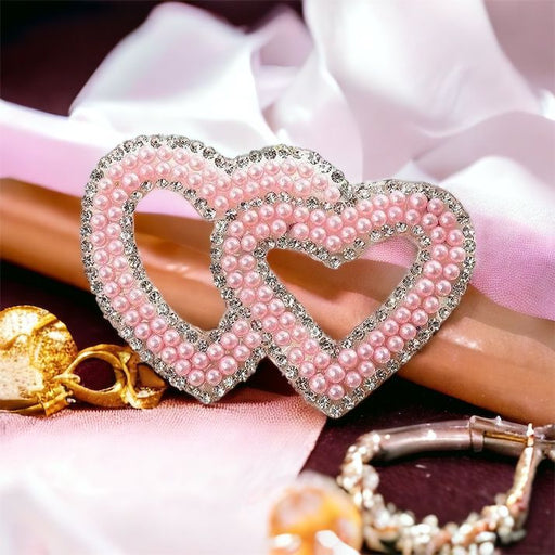 Pearl Rhinestone Double Pink Heart 6.7cm Iron-On Patches