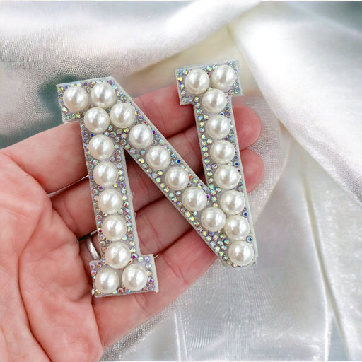 White Pearl AB Rhinestone 6.7cm Iron On Patch Letter N