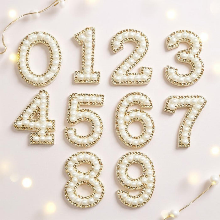 White Pearl Gold Rhinestone 4.6cm Iron On Patch Numbers