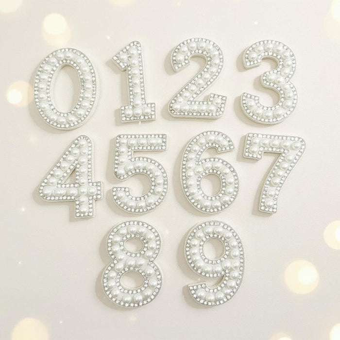 White Pearl Silver Rhinestone 4.6cm Iron On Patch Numbers