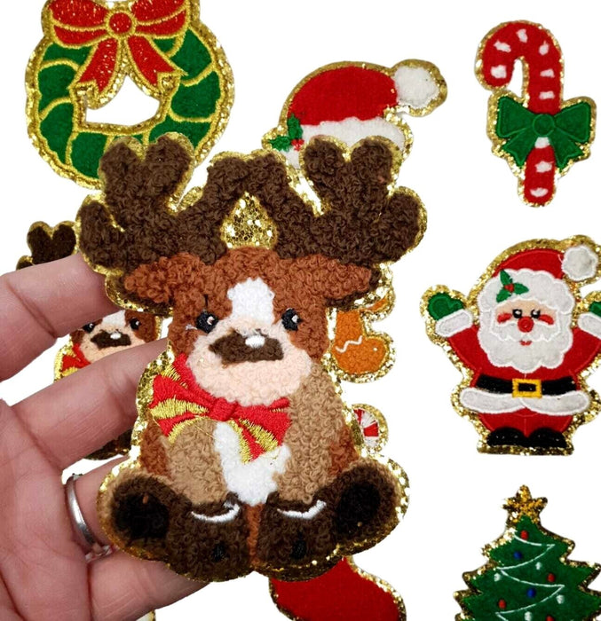 Christmas Chenille Santa Reindeer Snowman Tree Iron-On Patches
