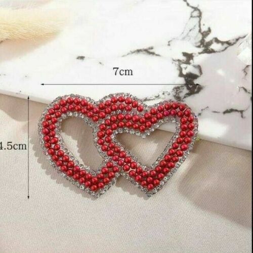 Pearl Rhinestone Double Red Heart Iron-On Patches