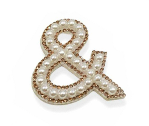 A white pearl gold rhinestone iron-on ampersand patch letter &