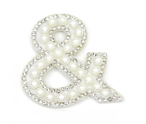 A white pearl silver rhinestone iron-on ampersand patch letter. Matches with pearl iron-on patch letters to create phrases.