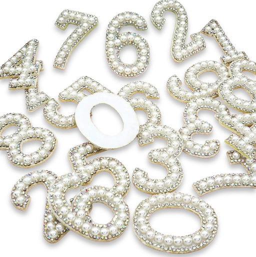 White pearl and silver rhinestone iron-on patch numbers.