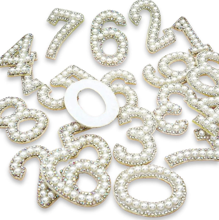 56 Rhinestone Number White Pearl Iridescent Rhinestone Numbers — Patches