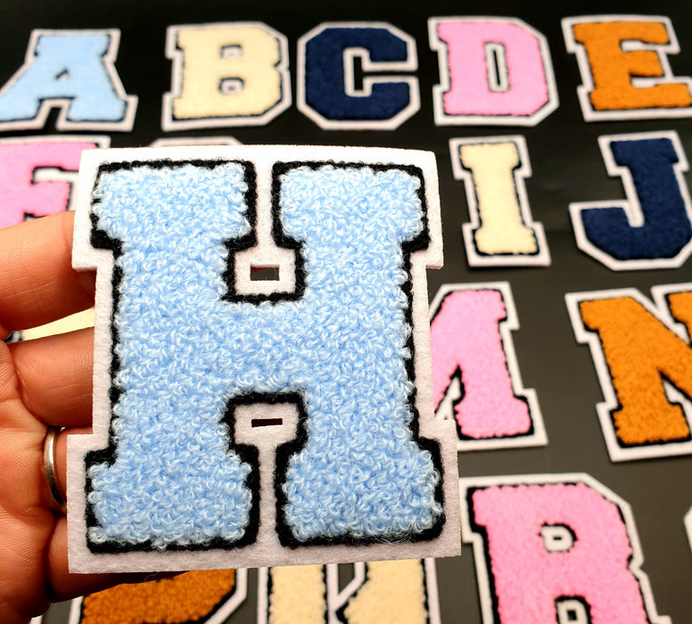 Varsity Sky Blue 7.5cm Chenille Iron-On Patch Letter H