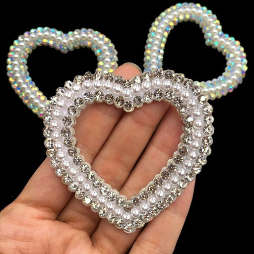 Pearl Silver & AB Rhinestone Heart 6.5cm Iron-On Patches
