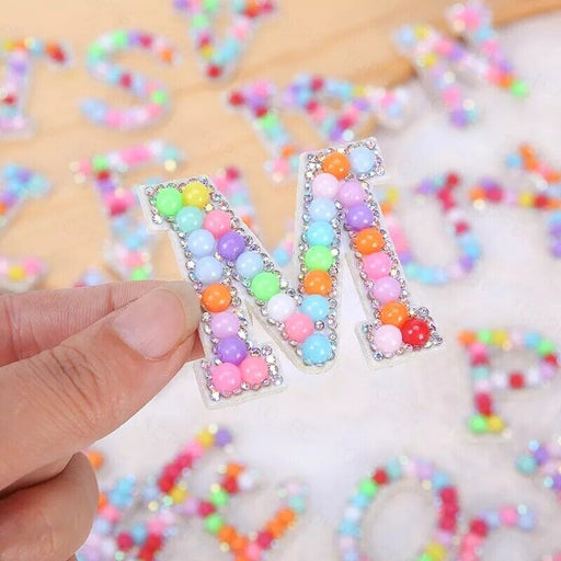 Multi-Coloured Pearl Silver Rhinestone 4.6cm Iron On Patch Letter M