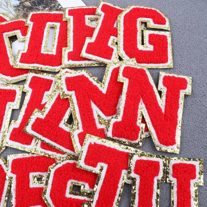 Red Chenille Gold Trim 8.5cm Iron-On Patch Letters