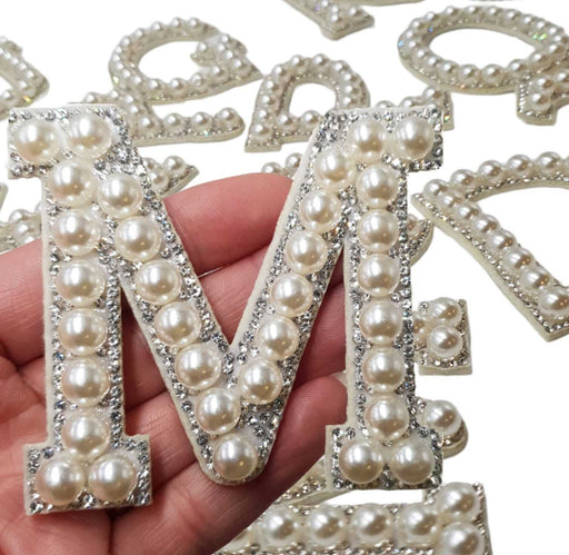 White Pearl Silver Rhinestone 6.7cm Iron On Patch Letter M