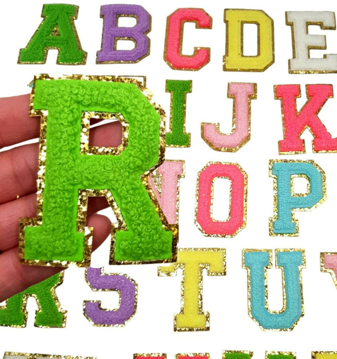 Electric Green Chenille With Gold Trim 6.5cm Iron-On Patch Letter R