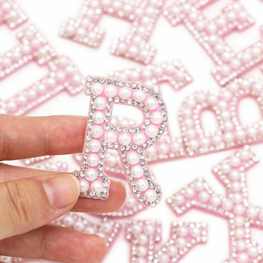 White Pearl Pink Rhinestone 4.6cm Iron-On Patch Letter R