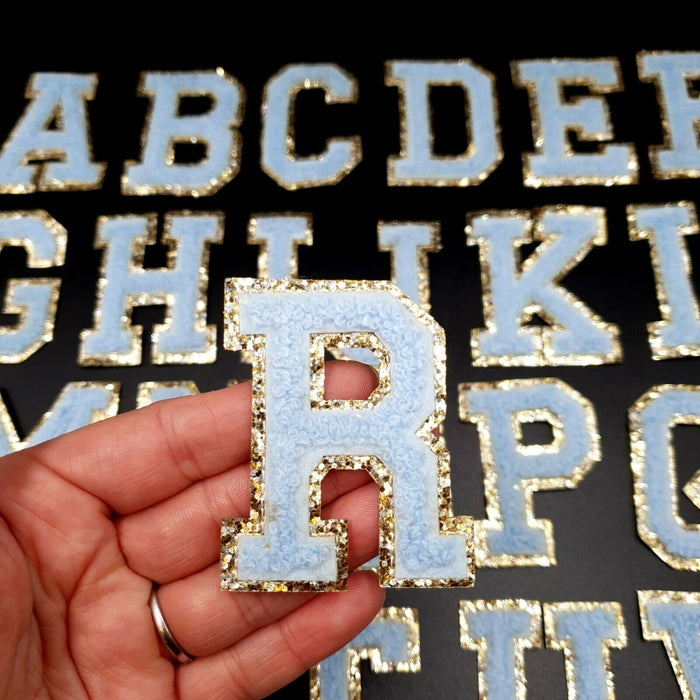 Blue Chenille Gold Trim 6.2cm Iron-On Patch Letter R