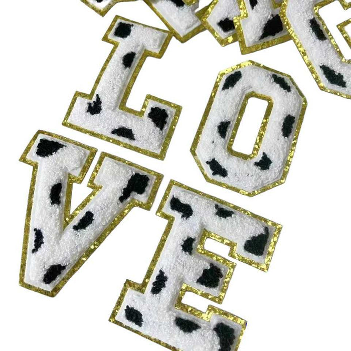 Animal Print White Chenille Gold Trim 8cm Iron-On Patch Letters