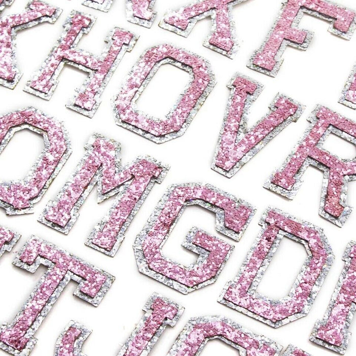 Pink letters iron or sew on patch 2 in tall white border alphabet A B C D E  F G