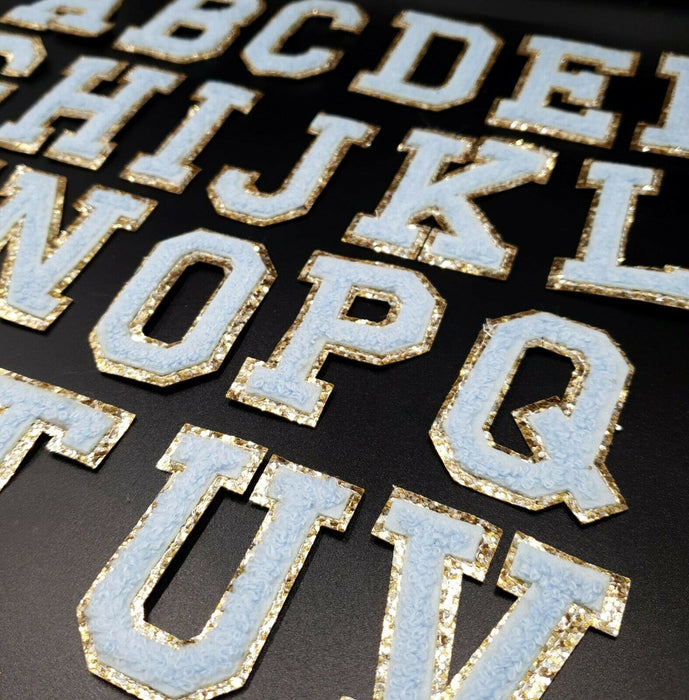 Blue Chenille Gold Trim 6.2cm Iron-On Patch Letters