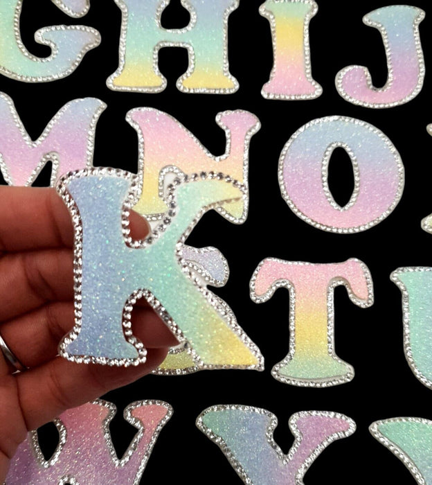 Pastel Multicoloured Glitter Rhinestone 5cm Iron On Patch Letters